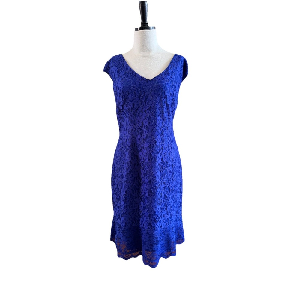 American Living Womens Blue Lace Cap Sleeve Ruffle Hem Sheath Dress 16